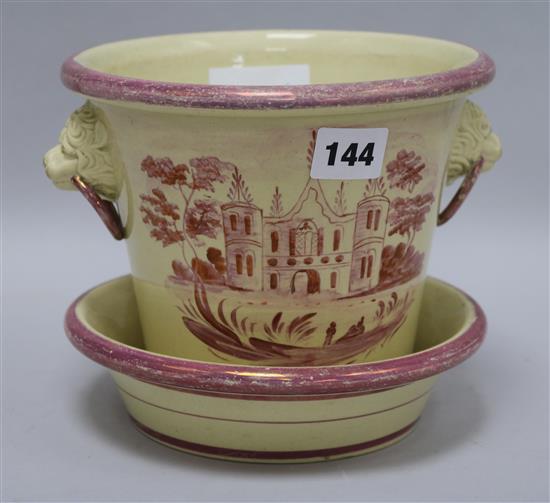A 19th century Staffordshire or Sunderland pink lustre flower pot and stand height 16.5cm